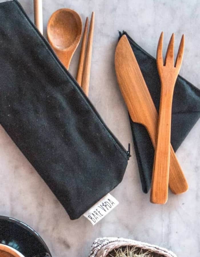 Bamboo Utensil Set with Straw & Napkin in Black Pencil Case